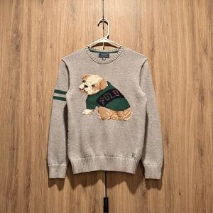 Polo Ralph Lauren Gray Crew Neck Cotton Wool Puppy Intarsia Logo Sweater Size L